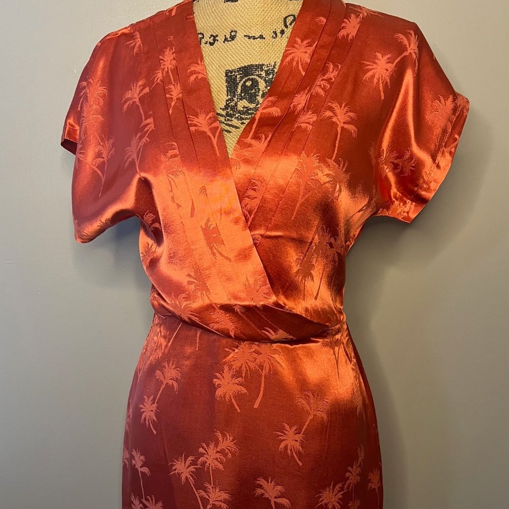 #81 NWT Silky Palm Print Dress Orange Short Sleeve V Neck Dress XS, S, M